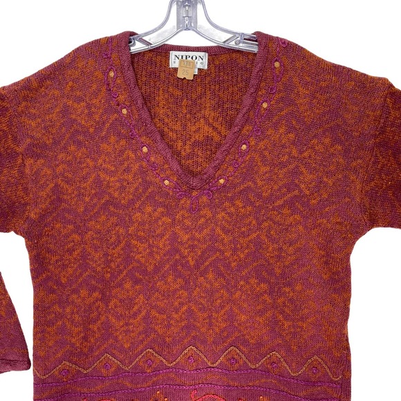 Nipon Studio Women's Vintage Sweater Embroidered Fringe Wool Cotton Red XL - Picture 2 of 16